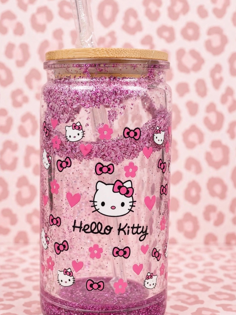 Hello Kitty Pink Glitter Tumbler with Straw and Bamboo-Look Lid